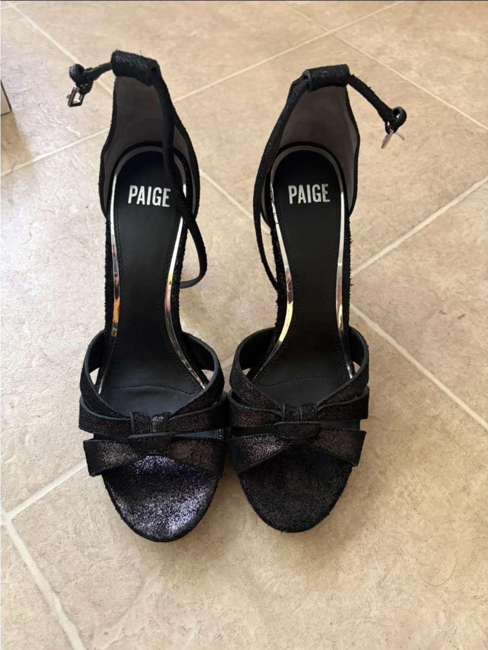 PAIGE Black Glitter Bow Ankle-Strap Heels size 11